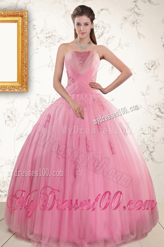 2016 Pretty Pink Quinceaneras Dresses with Appliques and Beading