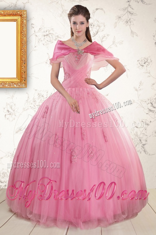 2016 Pretty Pink Quinceaneras Dresses with Appliques and Beading