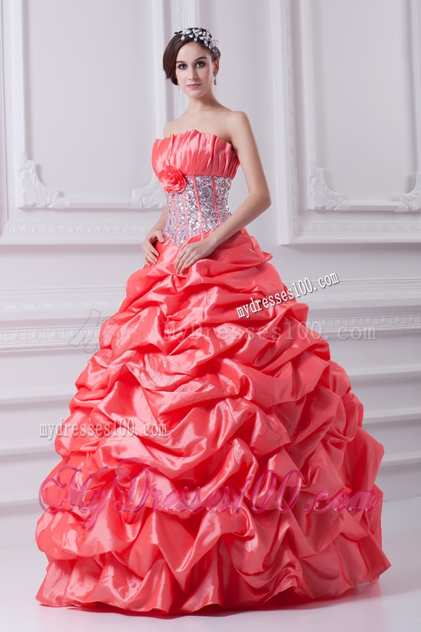 2016 Watermelon Ball Gown Strapless Beading Quinceanera Dress with Side Zipper