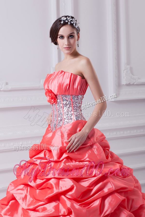 2016 Watermelon Ball Gown Strapless Beading Quinceanera Dress with Side Zipper