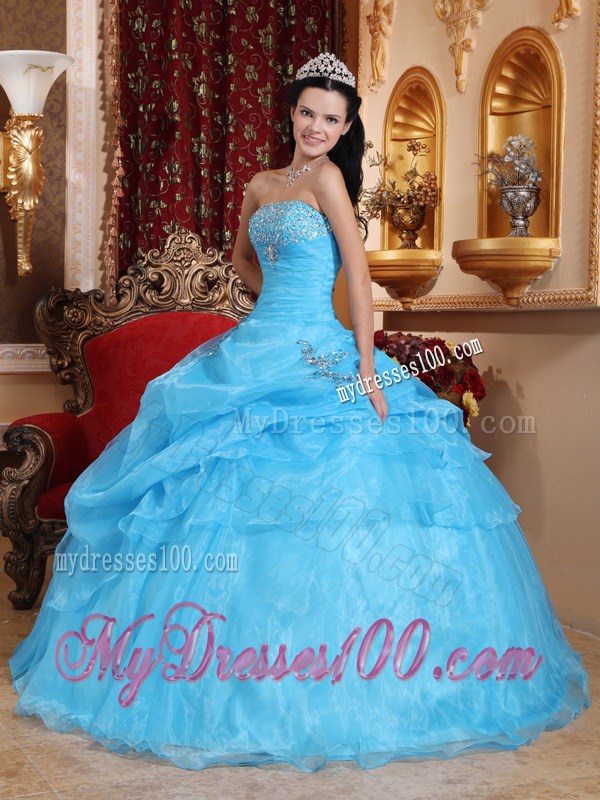 Wonderful Beaded Pick-ups Quinceanera Dresses in Aqua Blue Floor Length