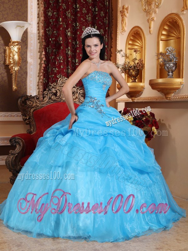 Wonderful Beaded Pick-ups Quinceanera Dresses in Aqua Blue Floor Length
