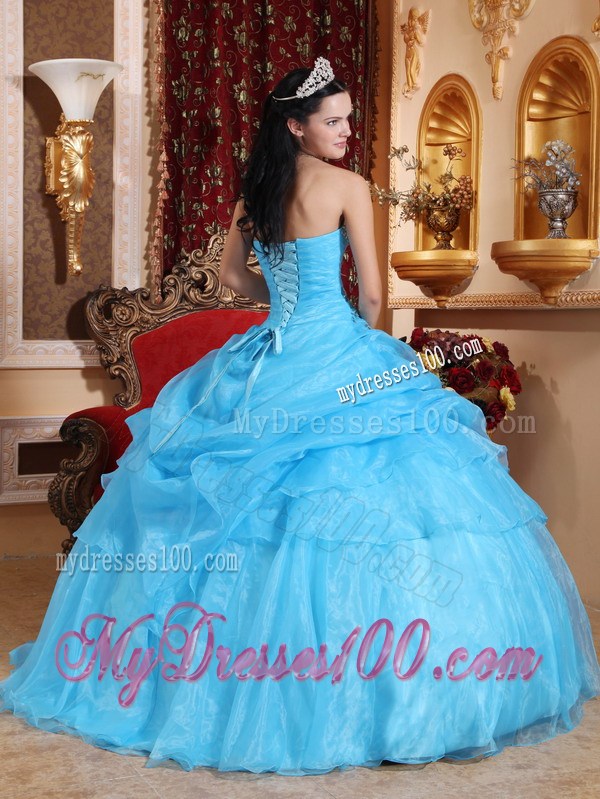Wonderful Beaded Pick-ups Quinceanera Dresses in Aqua Blue Floor Length