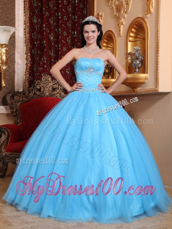 Appliques Ball Gown Ruffles Aqua Blue Quinceanera Gowns Floor Length