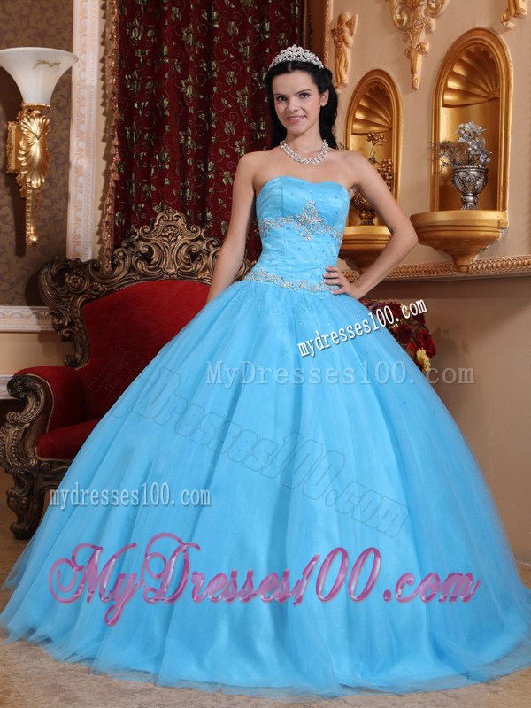 Appliques Ball Gown Ruffles Aqua Blue Quinceanera Gowns Floor Length