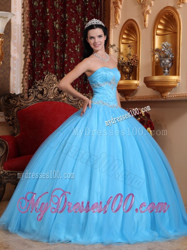 Appliques Ball Gown Ruffles Aqua Blue Quinceanera Gowns Floor Length