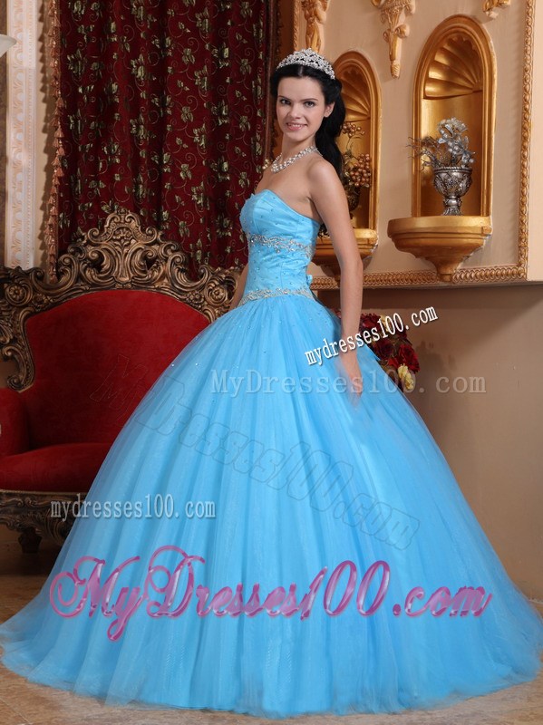 Appliques Ball Gown Ruffles Aqua Blue Quinceanera Gowns Floor Length