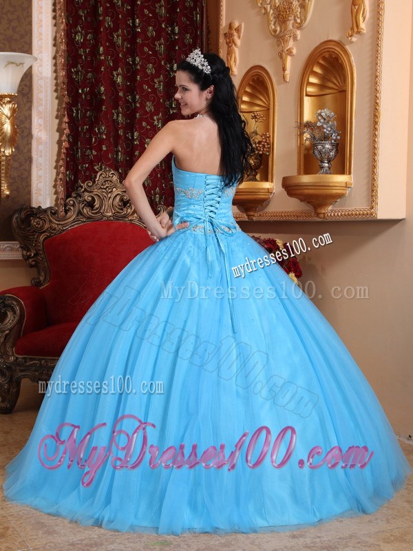 Appliques Ball Gown Ruffles Aqua Blue Quinceanera Gowns Floor Length