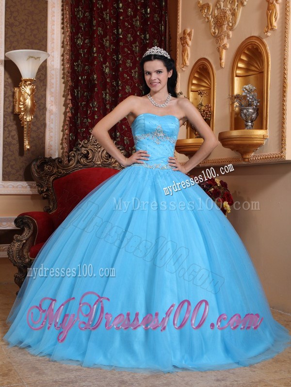 Appliques Ball Gown Ruffles Aqua Blue Quinceanera Gowns Floor Length