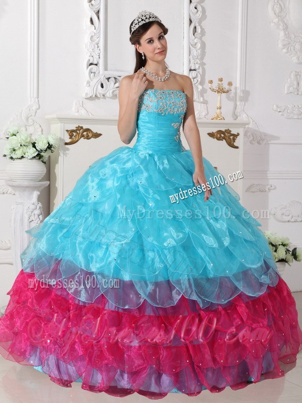 Organza Multi-color Aqua Blue and Pink Puffy Layers Dress for Quincenaera Party