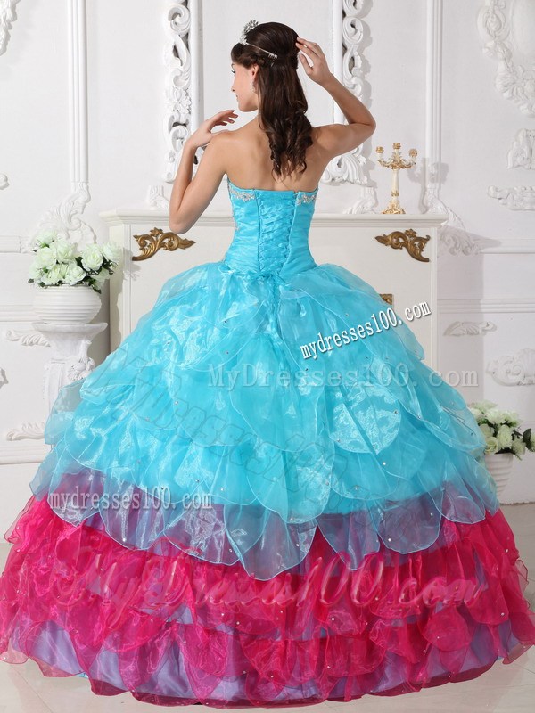 Organza Multi-color Aqua Blue and Pink Puffy Layers Dress for Quincenaera Party