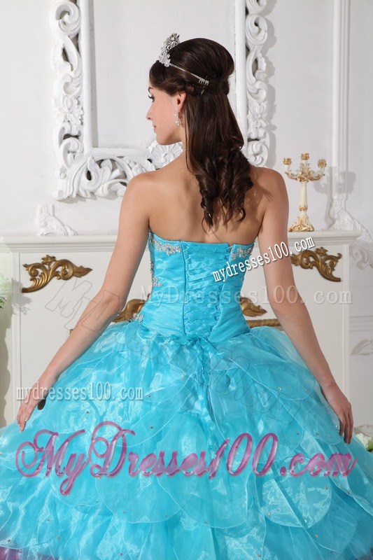 Organza Multi-color Aqua Blue and Pink Puffy Layers Dress for Quincenaera Party