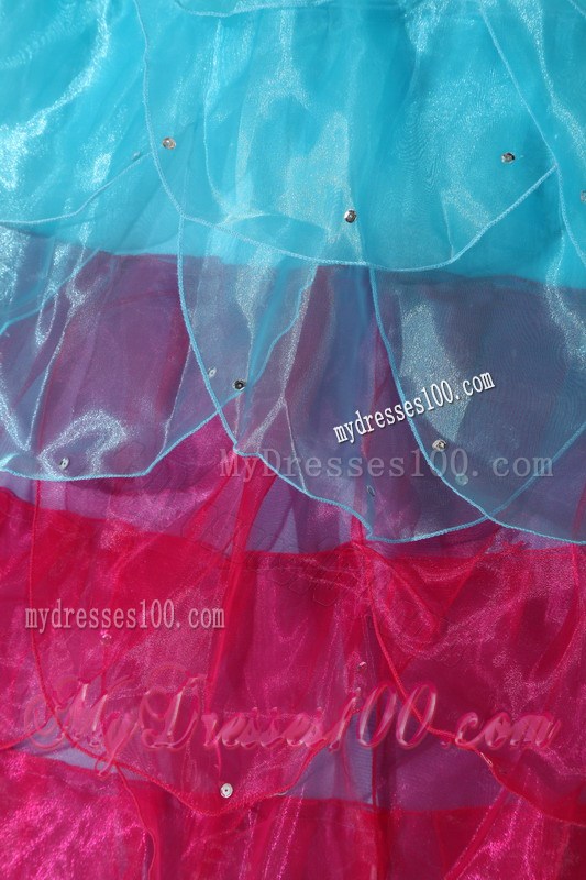 Organza Multi-color Aqua Blue and Pink Puffy Layers Dress for Quincenaera Party