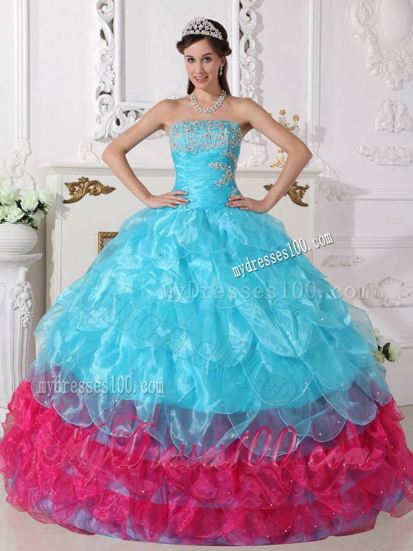 Organza Multi-color Aqua Blue and Pink Puffy Layers Dress for Quincenaera Party