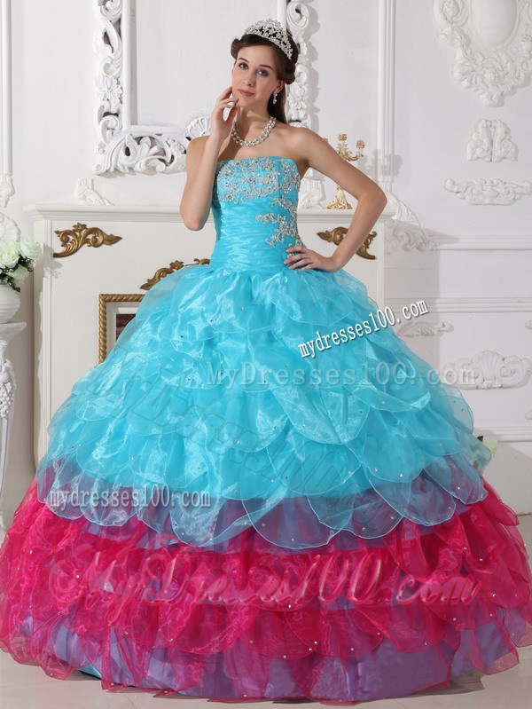 Organza Multi-color Aqua Blue and Pink Puffy Layers Dress for Quincenaera Party
