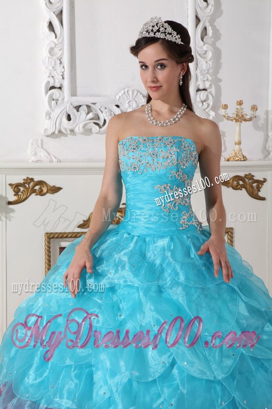 Organza Multi-color Aqua Blue and Pink Puffy Layers Dress for Quincenaera Party