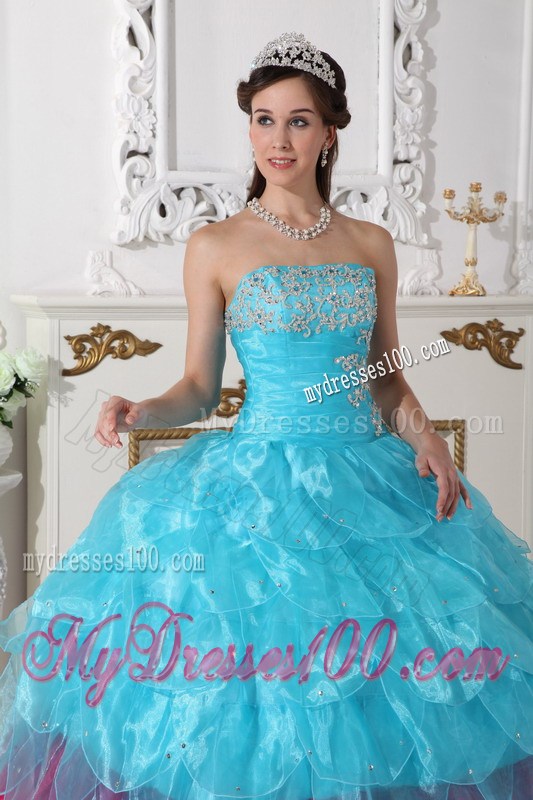 Organza Multi-color Aqua Blue and Pink Puffy Layers Dress for Quincenaera Party