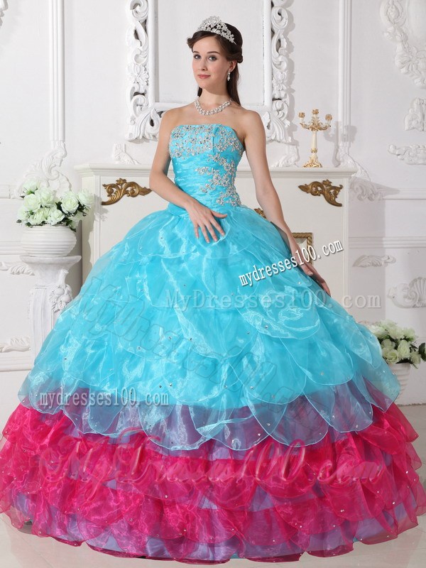 Organza Multi-color Aqua Blue and Pink Puffy Layers Dress for Quincenaera Party