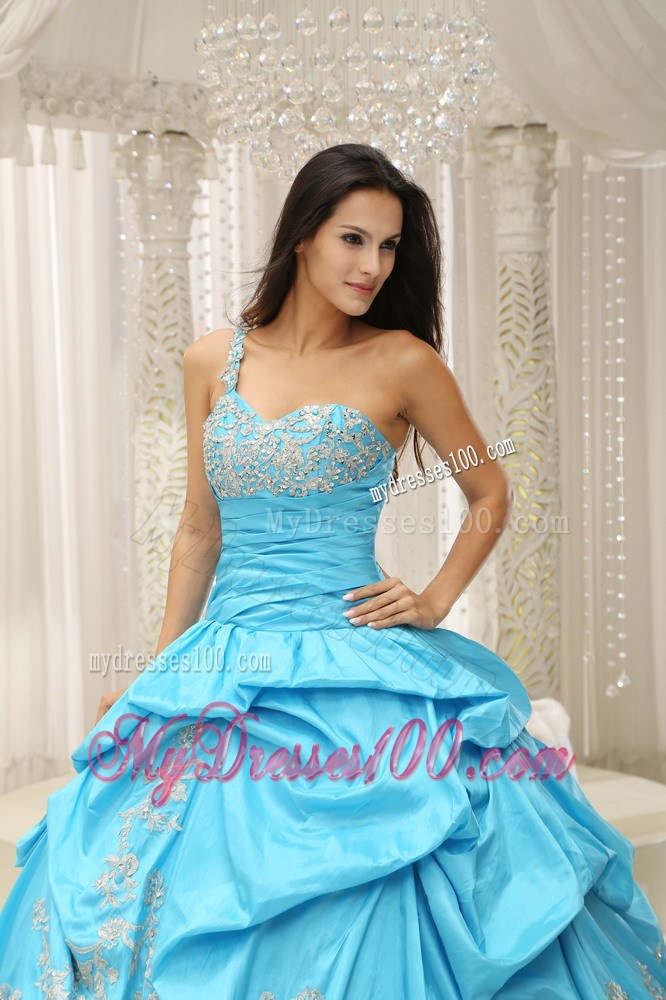 Pick Ups One Shoulder Quinceanera Dresses with White Lace Appliques
