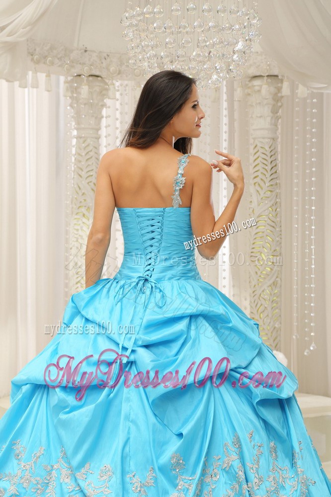 Pick Ups One Shoulder Quinceanera Dresses with White Lace Appliques