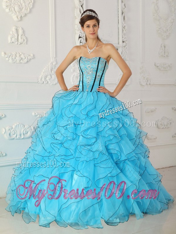 Aqua Blue Ruffles Corset Back Appliques Sweet 15 Dress for Girls