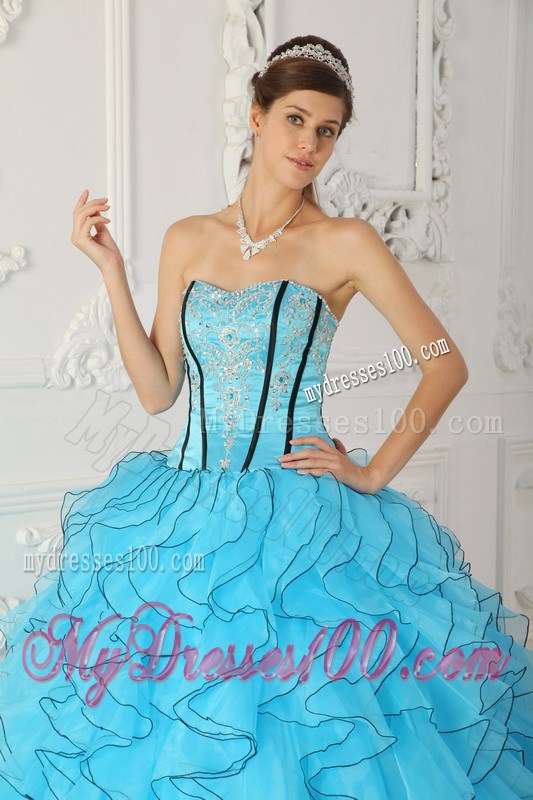 Aqua Blue Ruffles Corset Back Appliques Sweet 15 Dress for Girls