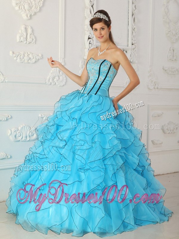 Aqua Blue Ruffles Corset Back Appliques Sweet 15 Dress for Girls