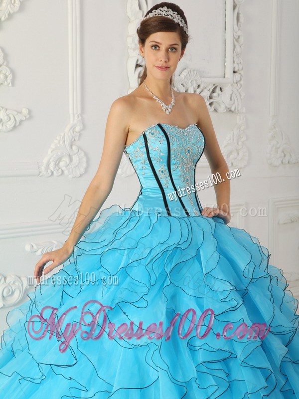 Aqua Blue Ruffles Corset Back Appliques Sweet 15 Dress for Girls