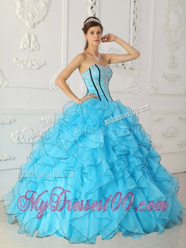 Aqua Blue Ruffles Corset Back Appliques Sweet 15 Dress for Girls