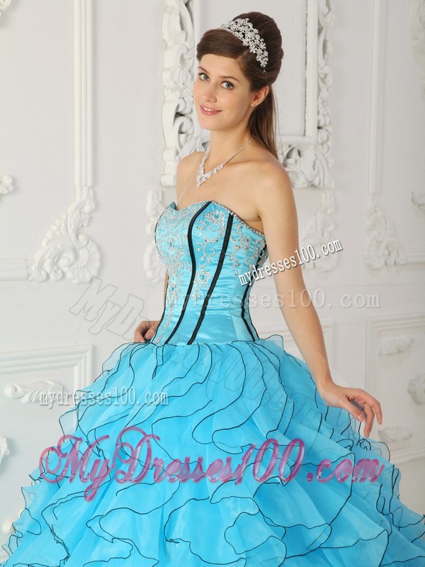 Aqua Blue Ruffles Corset Back Appliques Sweet 15 Dress for Girls