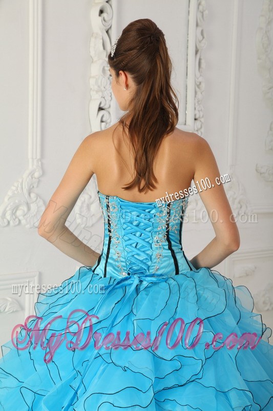 Aqua Blue Ruffles Corset Back Appliques Sweet 15 Dress for Girls