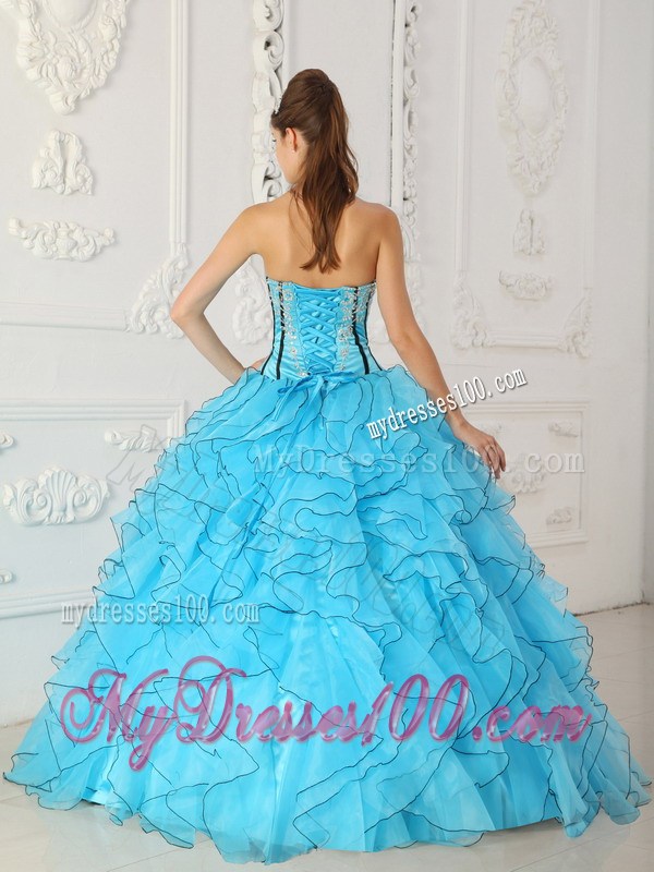 Aqua Blue Ruffles Corset Back Appliques Sweet 15 Dress for Girls