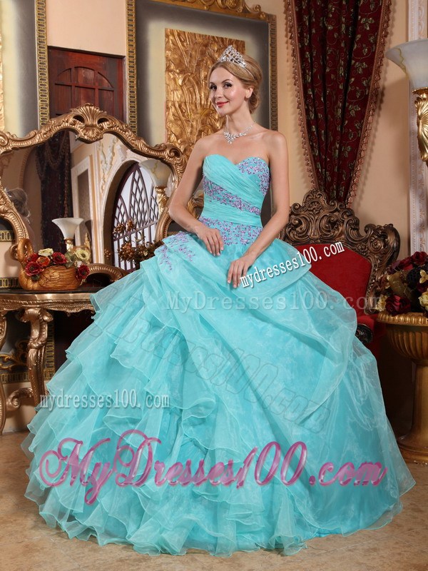 Aqua Blue Strapless Taffeta Beaded Dress for Sweet 16 with Ruffles