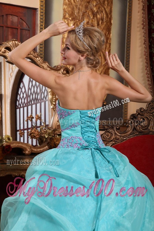 Aqua Blue Strapless Taffeta Beaded Dress for Sweet 16 with Ruffles