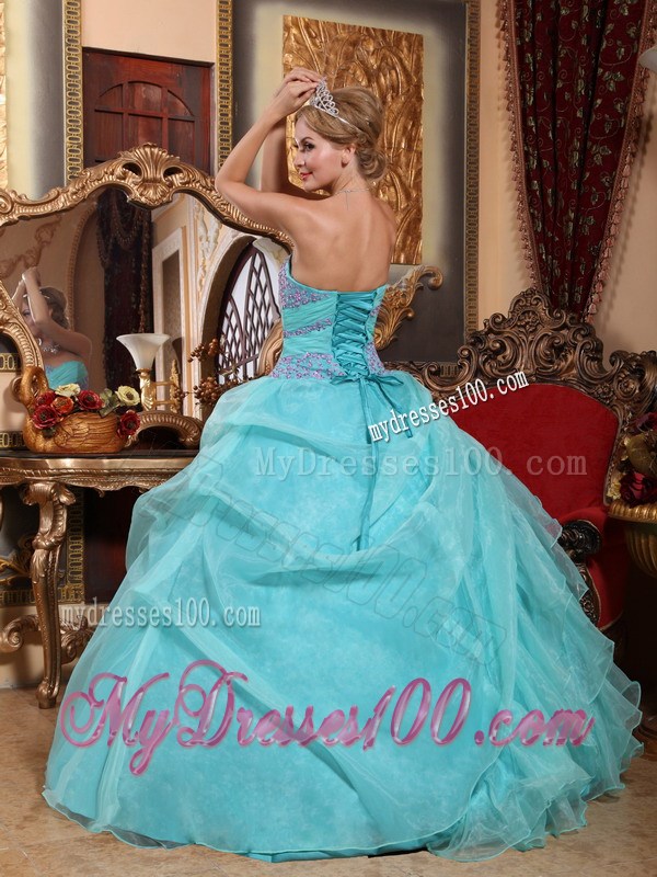 Aqua Blue Strapless Taffeta Beaded Dress for Sweet 16 with Ruffles