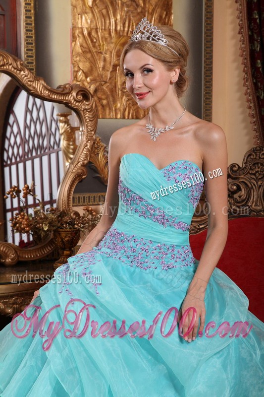Aqua Blue Strapless Taffeta Beaded Dress for Sweet 16 with Ruffles