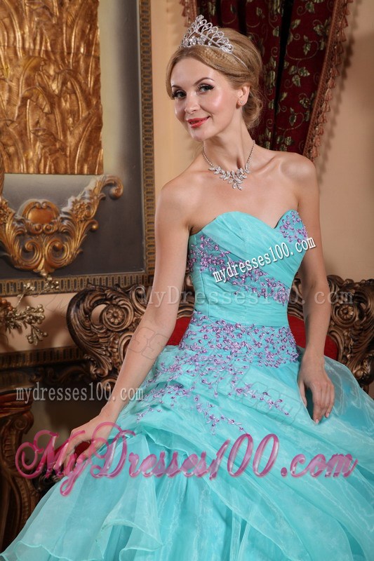 Aqua Blue Strapless Taffeta Beaded Dress for Sweet 16 with Ruffles