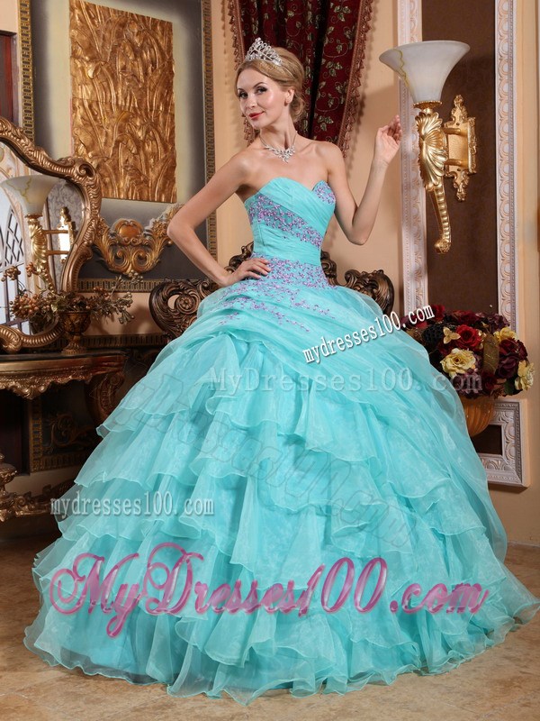 Aqua Blue Strapless Taffeta Beaded Dress for Sweet 16 with Ruffles