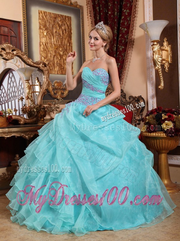 Aqua Blue Strapless Taffeta Beaded Dress for Sweet 16 with Ruffles