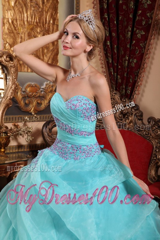 Aqua Blue Strapless Taffeta Beaded Dress for Sweet 16 with Ruffles