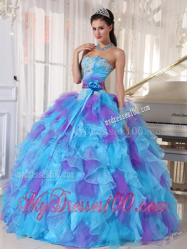 Two-toned Appliques Ruffles Sweet 15 Dresses with Handmade Flower