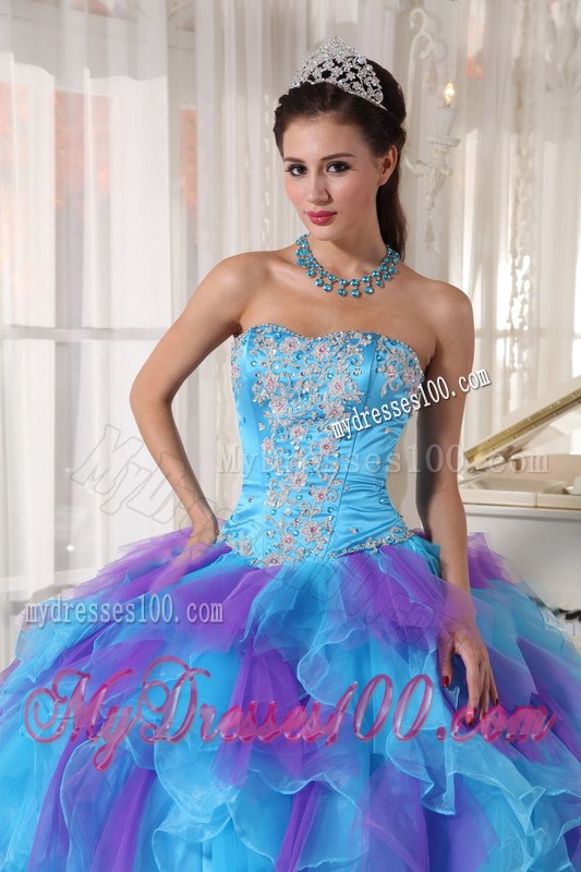 Two-toned Appliques Ruffles Sweet 15 Dresses with Handmade Flower