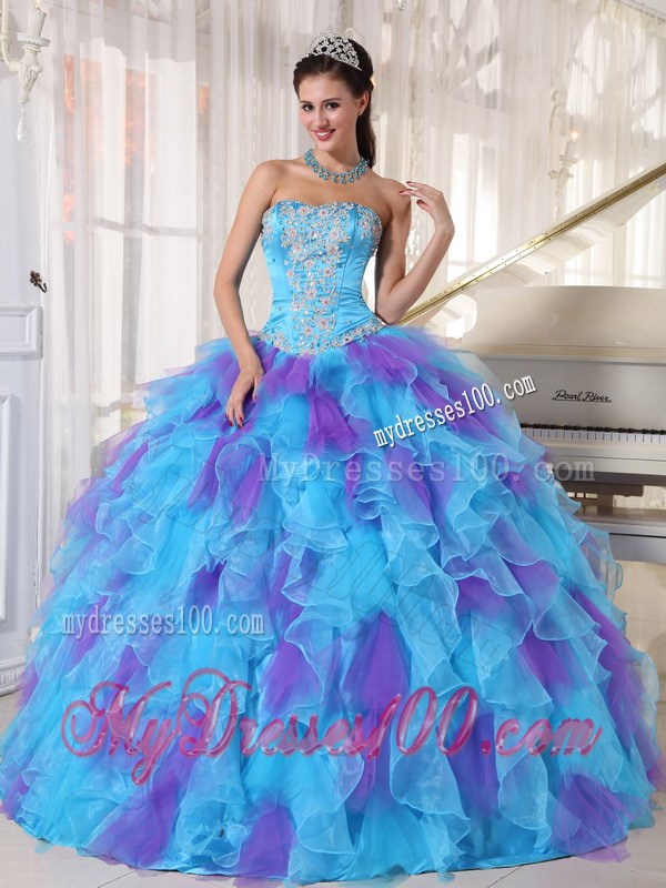 Two-toned Appliques Ruffles Sweet 15 Dresses with Handmade Flower