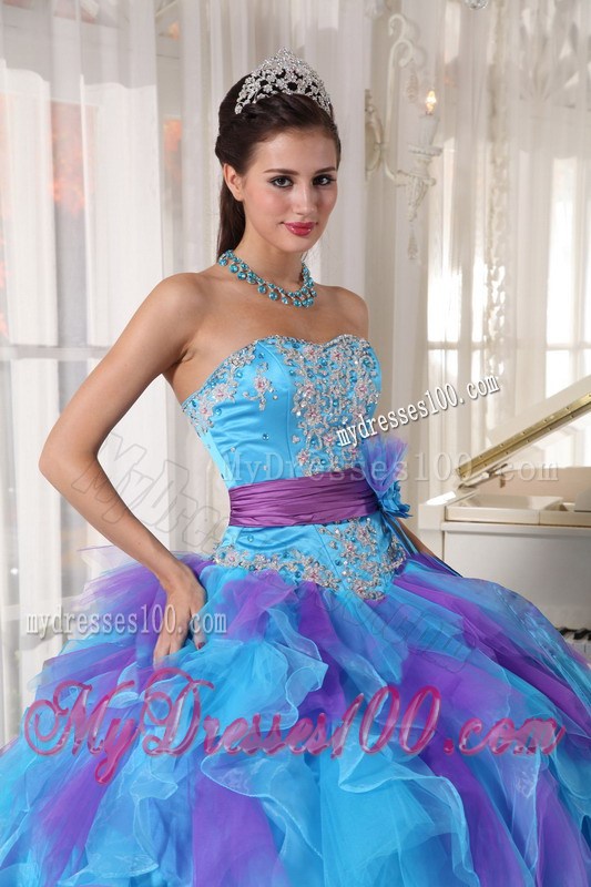 Two-toned Appliques Ruffles Sweet 15 Dresses with Handmade Flower