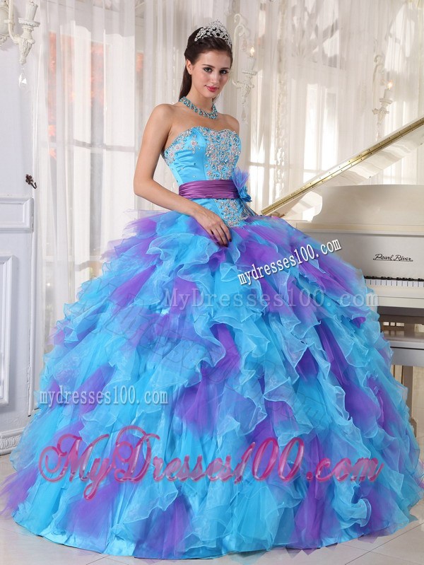 Two-toned Appliques Ruffles Sweet 15 Dresses with Handmade Flower