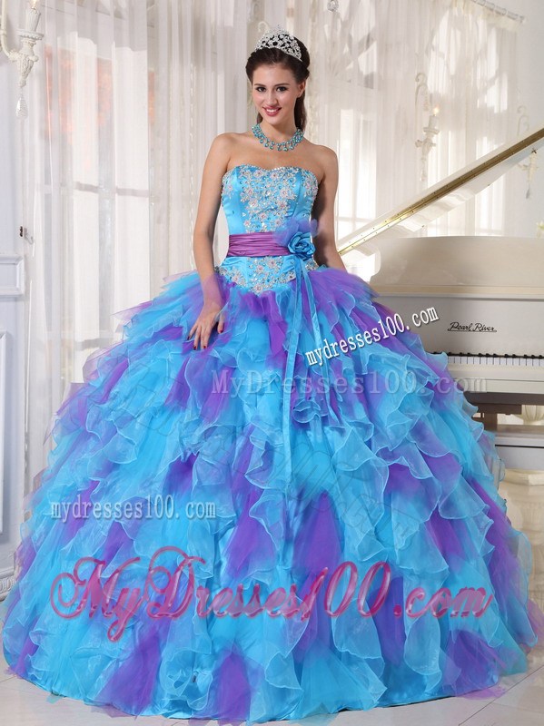 Two-toned Appliques Ruffles Sweet 15 Dresses with Handmade Flower