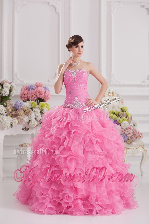 Ball Gown Sweetheart Organza Beading Ruffles Rose Pink Quinceanera Dress