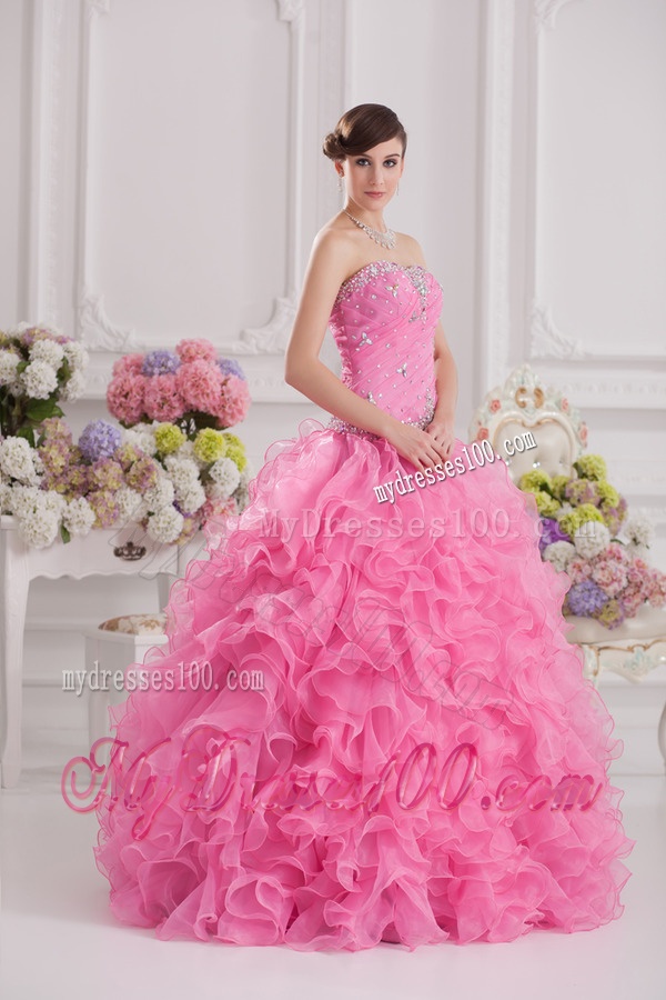 Ball Gown Sweetheart Organza Beading Ruffles Rose Pink Quinceanera Dress