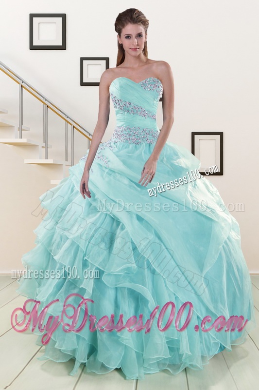 Beading and Ruffles Pretty Quinceanera Dresses in Turquoise for 2016