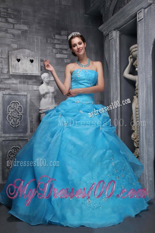 Embroidery Pick-ups Strapless Aqua Blue Puffy Quinceanera Dresses